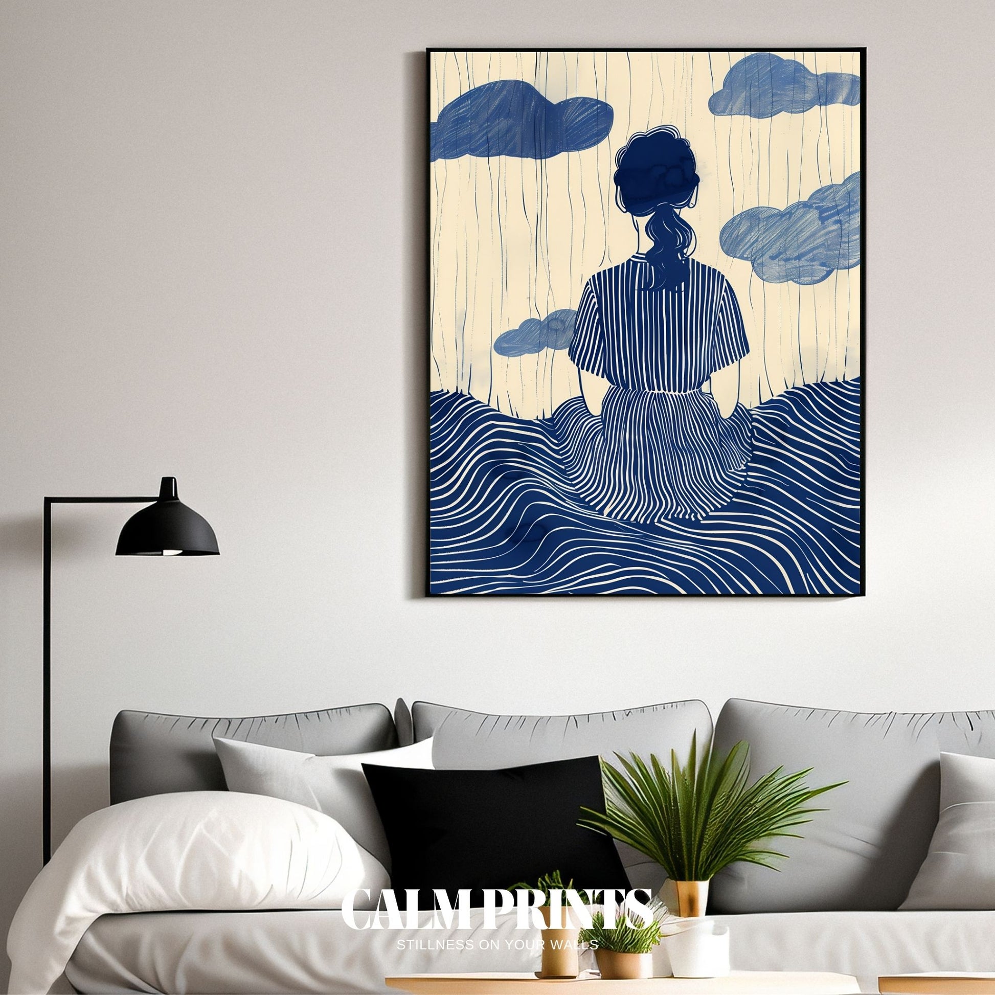 Minimalist poster featuring a blue silhouette with a reflective mood
