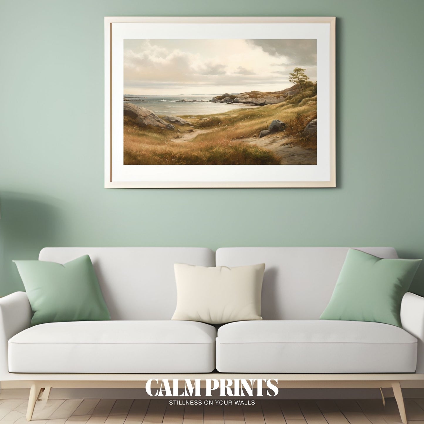 Minimalist coastal view in gentle watercolour tones and seaside stillness
