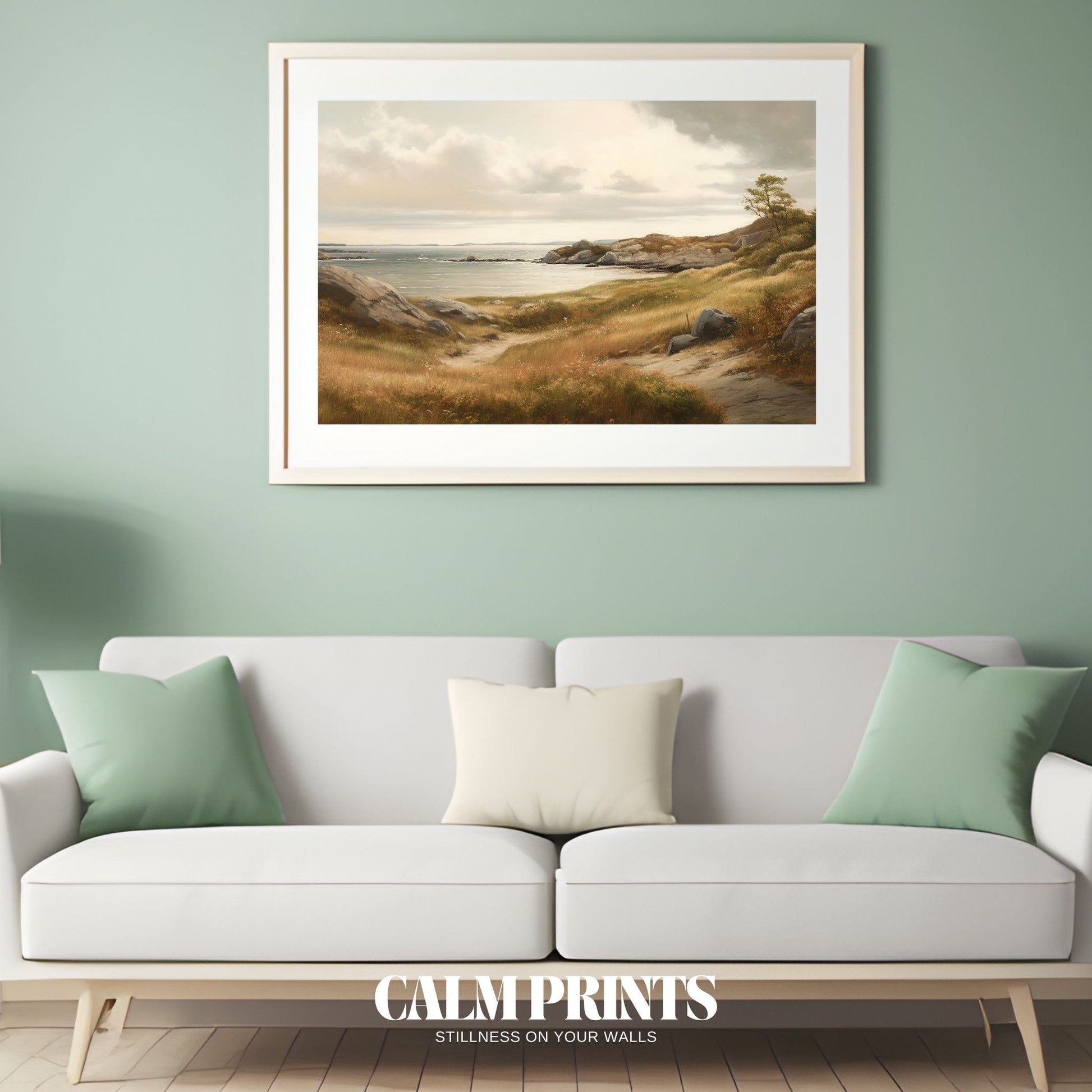 Minimalist coastal view in gentle watercolour tones and seaside stillness
