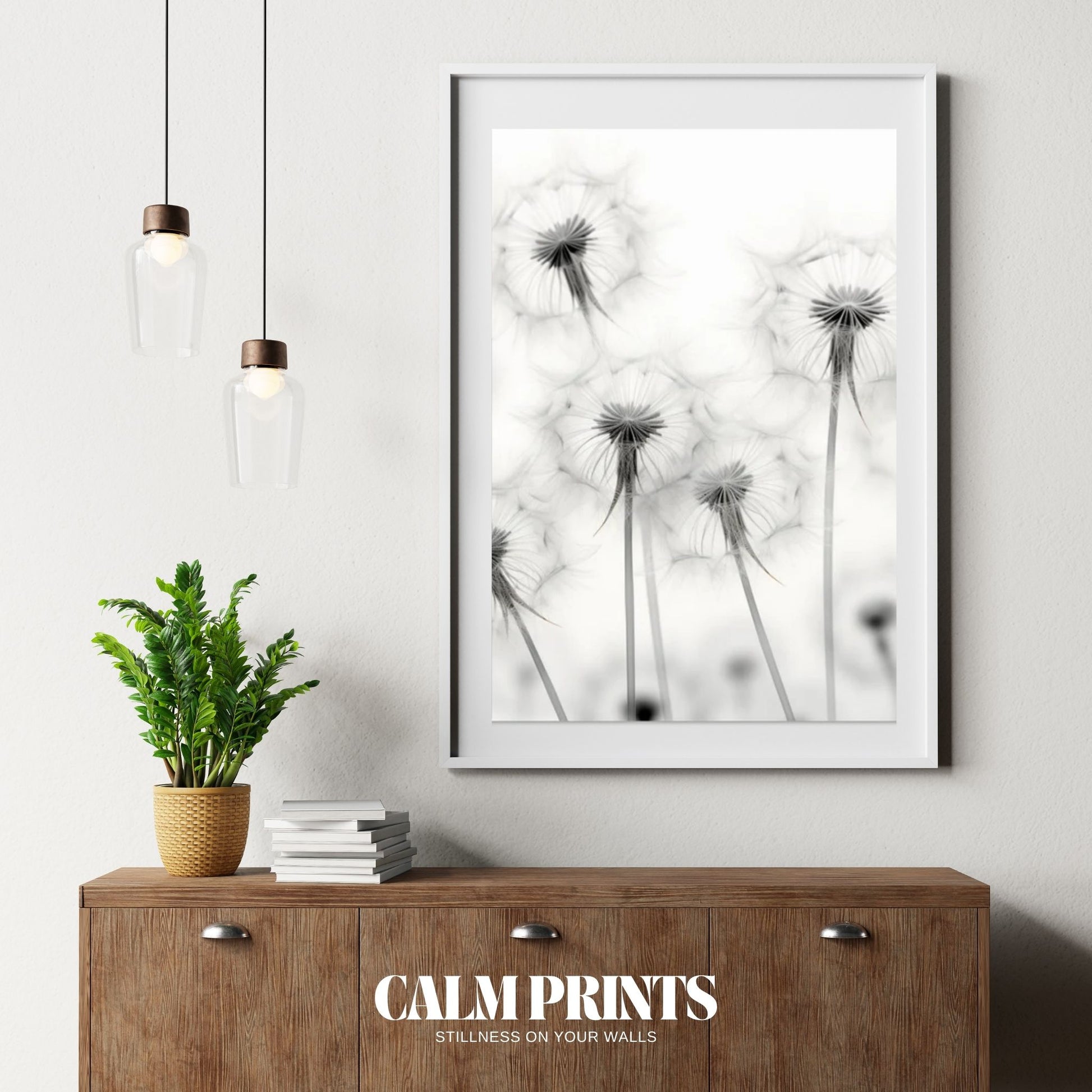 Minimalist dandelion poster design in greyscale for contemporary bedroom aesthetics
