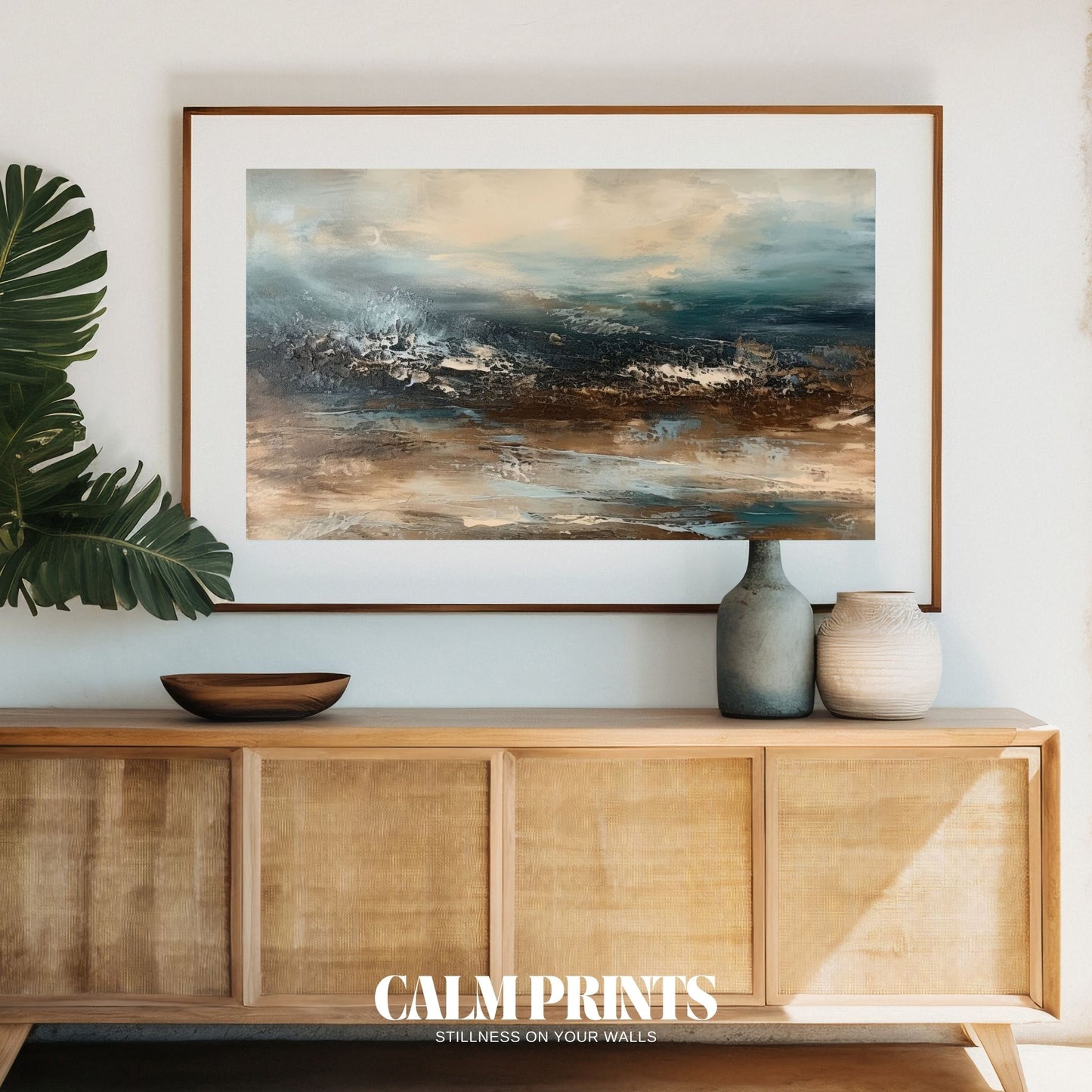 Minimalist abstract poster with waves in gentle earth tones