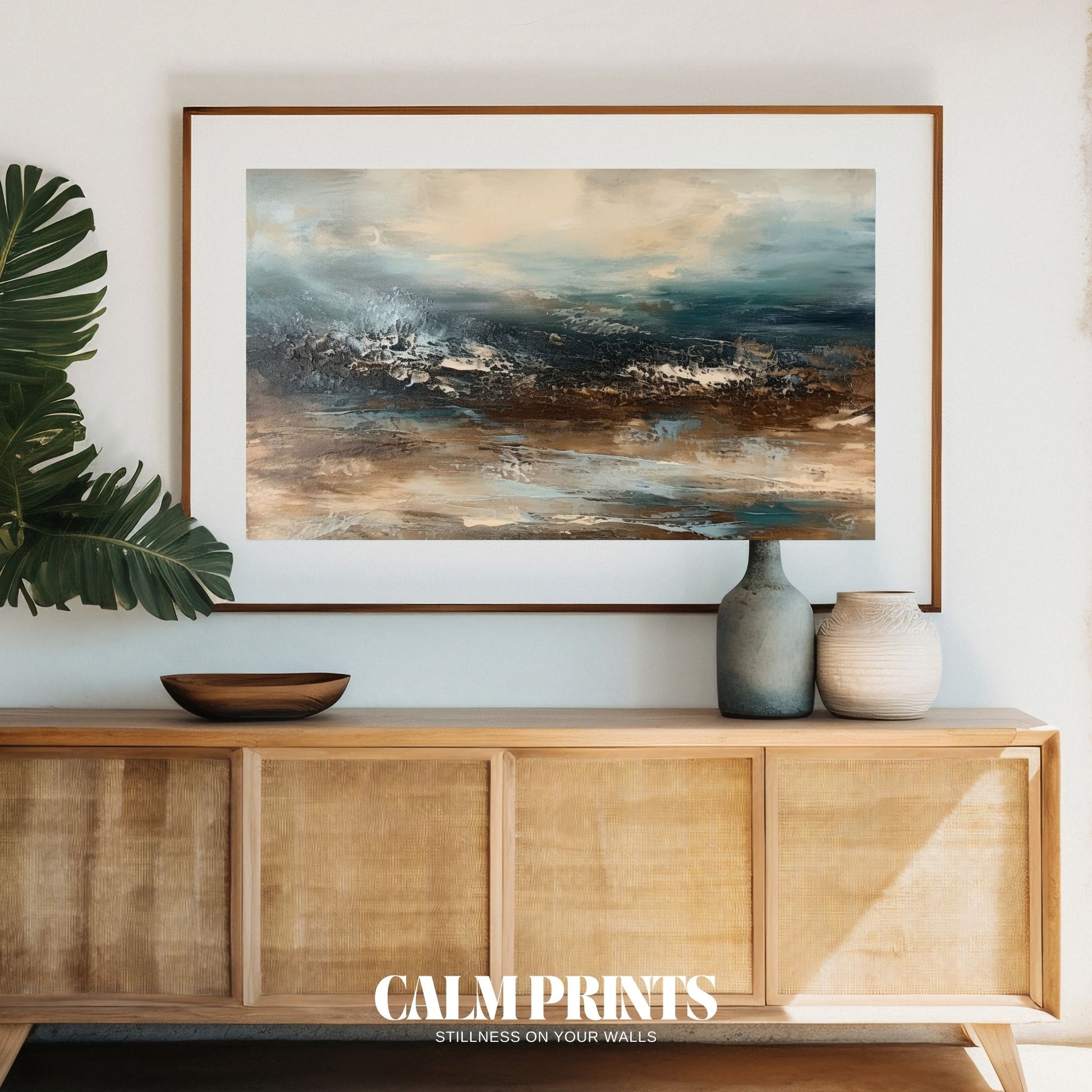 Minimalist abstract poster with waves in gentle earth tones