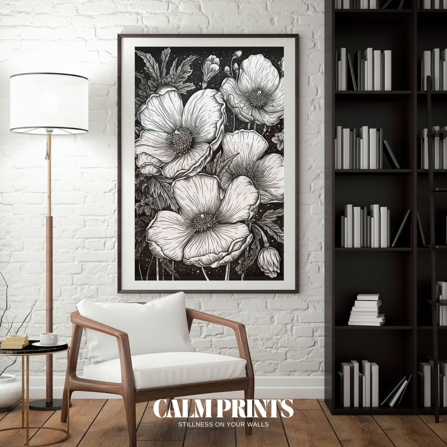 Minimalist floral line art poster in refined black and white tones