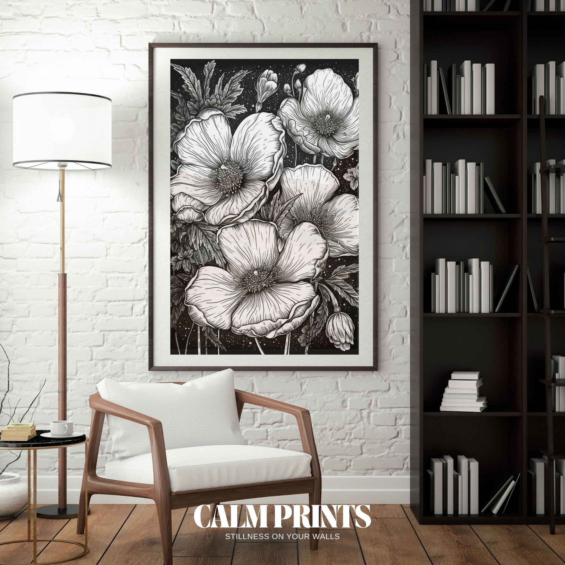 Minimalist floral line art poster in refined black and white tones
