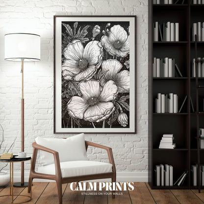 Minimalist floral line art poster in refined black and white tones