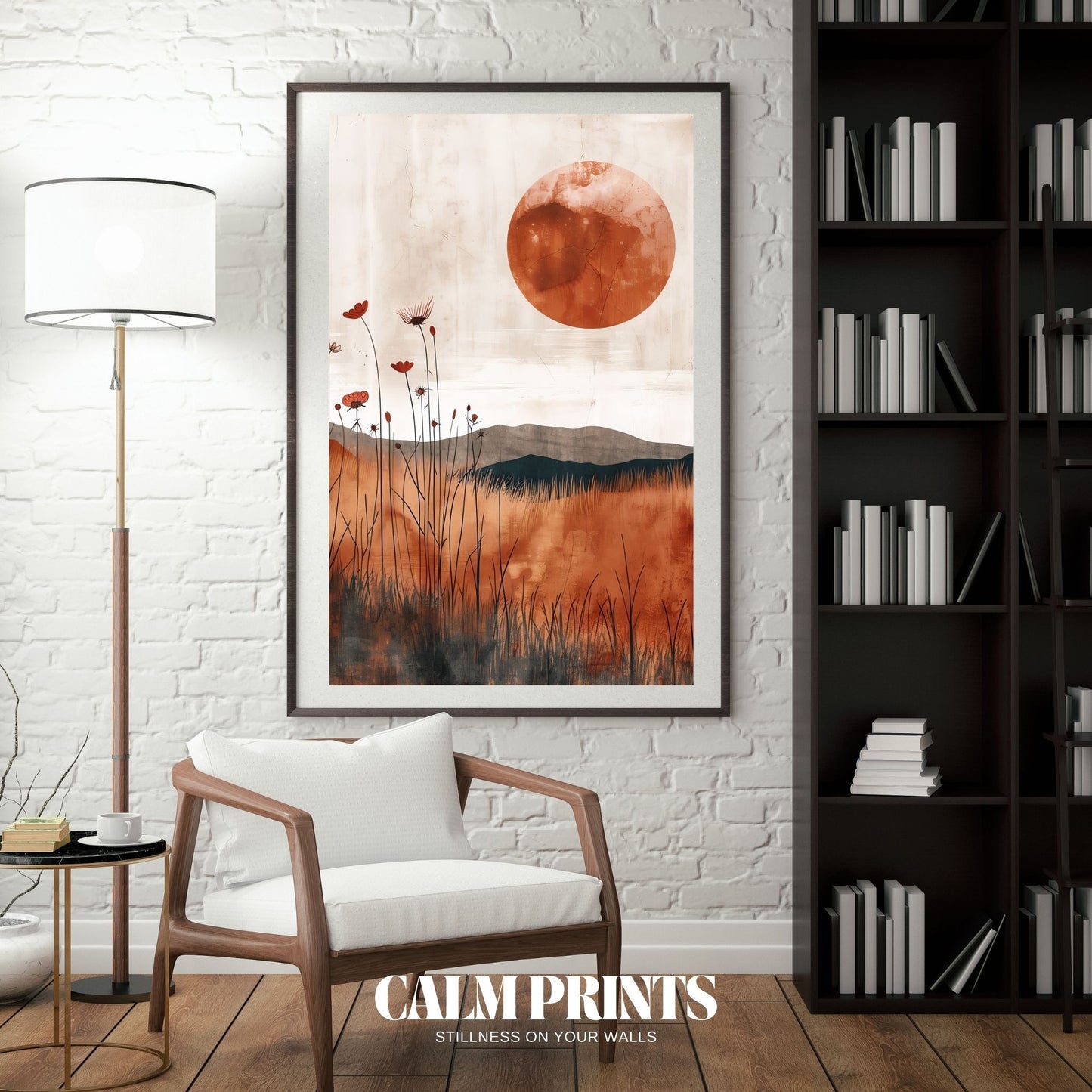 Minimalist red sun landscape poster with abstract scenery