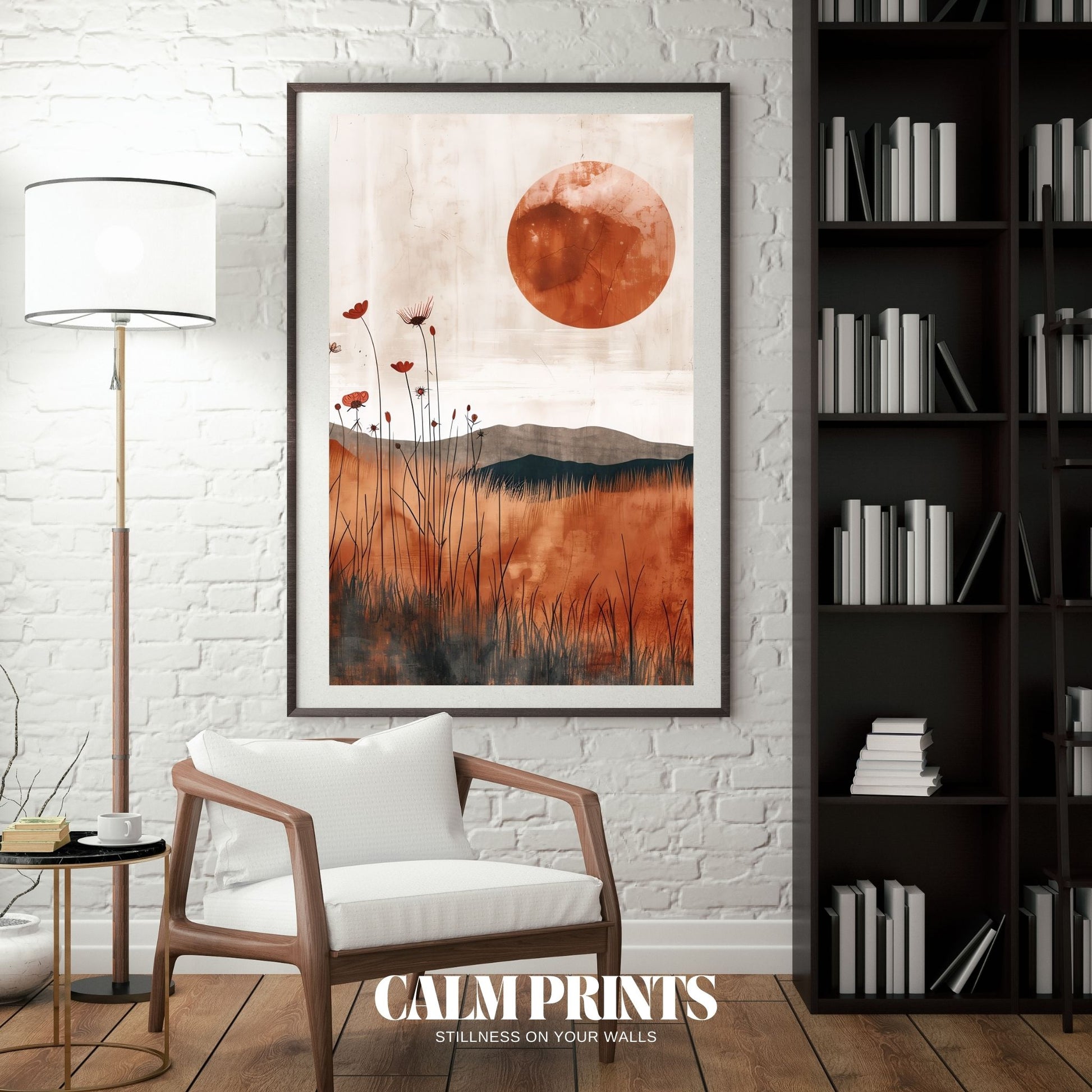 Minimalist red sun landscape poster with abstract scenery