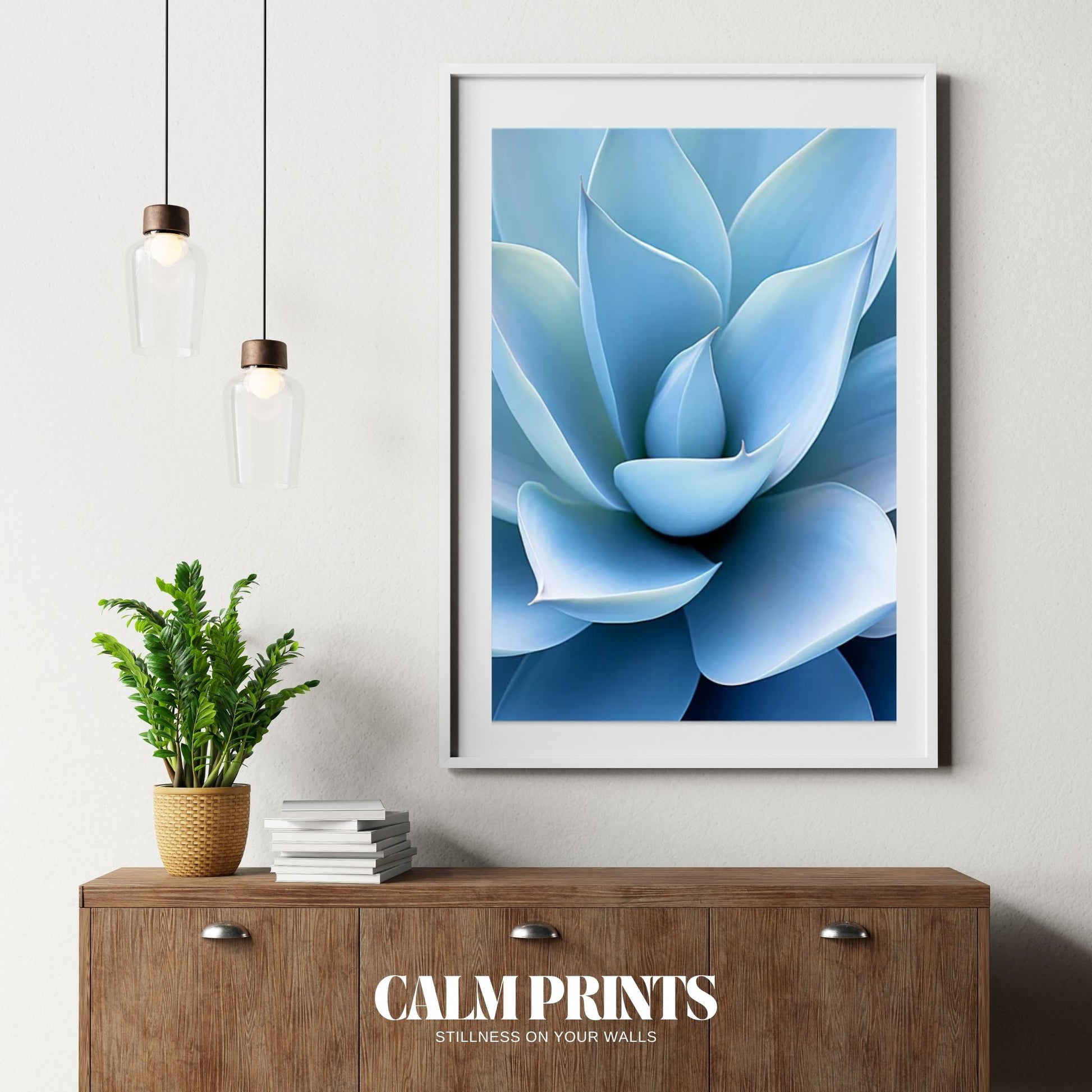 Minimalist botanical print featuring a detailed blue succulent