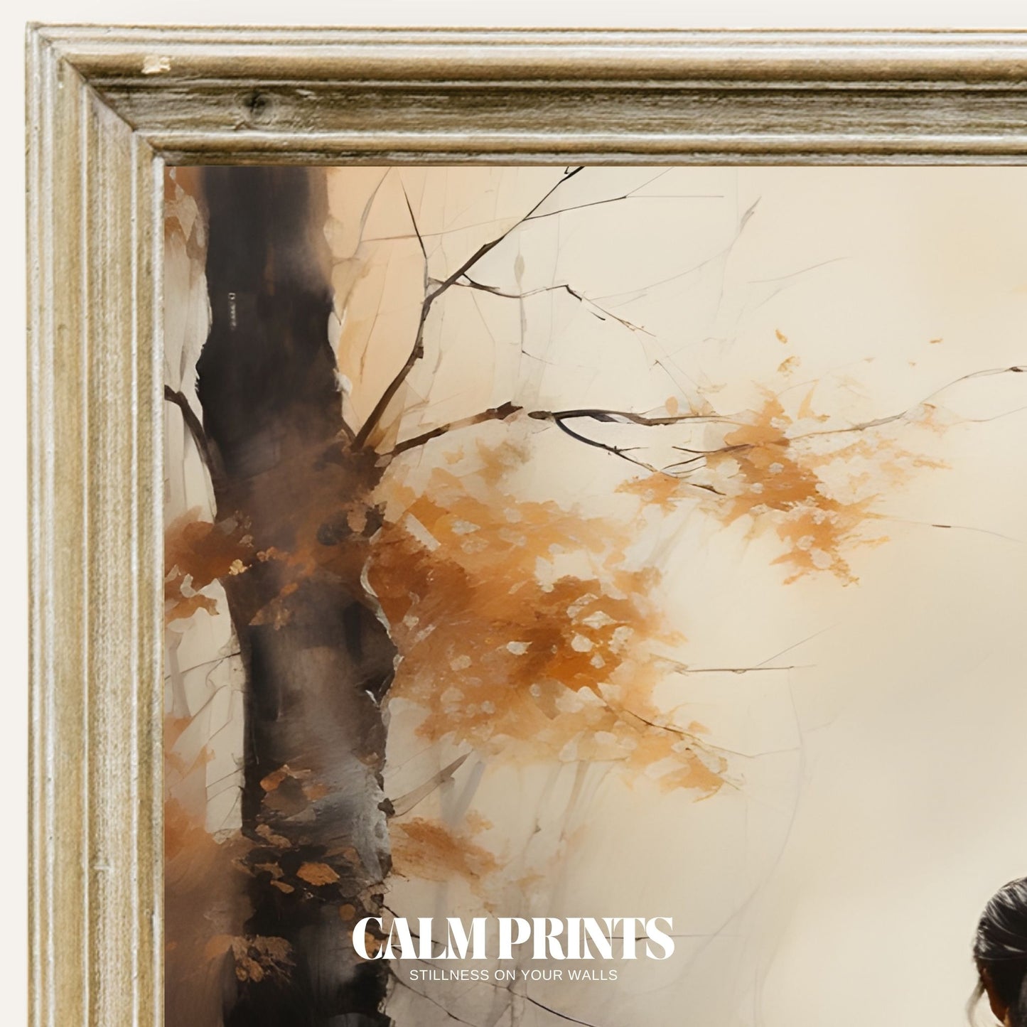 Print of a peaceful autumn walk through a forest cloaked in gentle mist