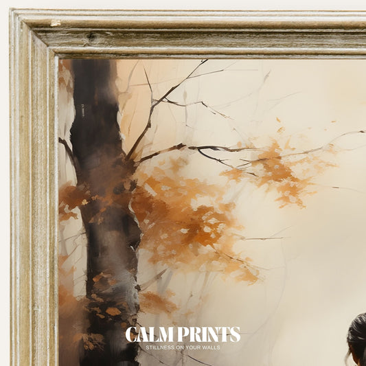 Print of a peaceful autumn walk through a forest cloaked in gentle mist