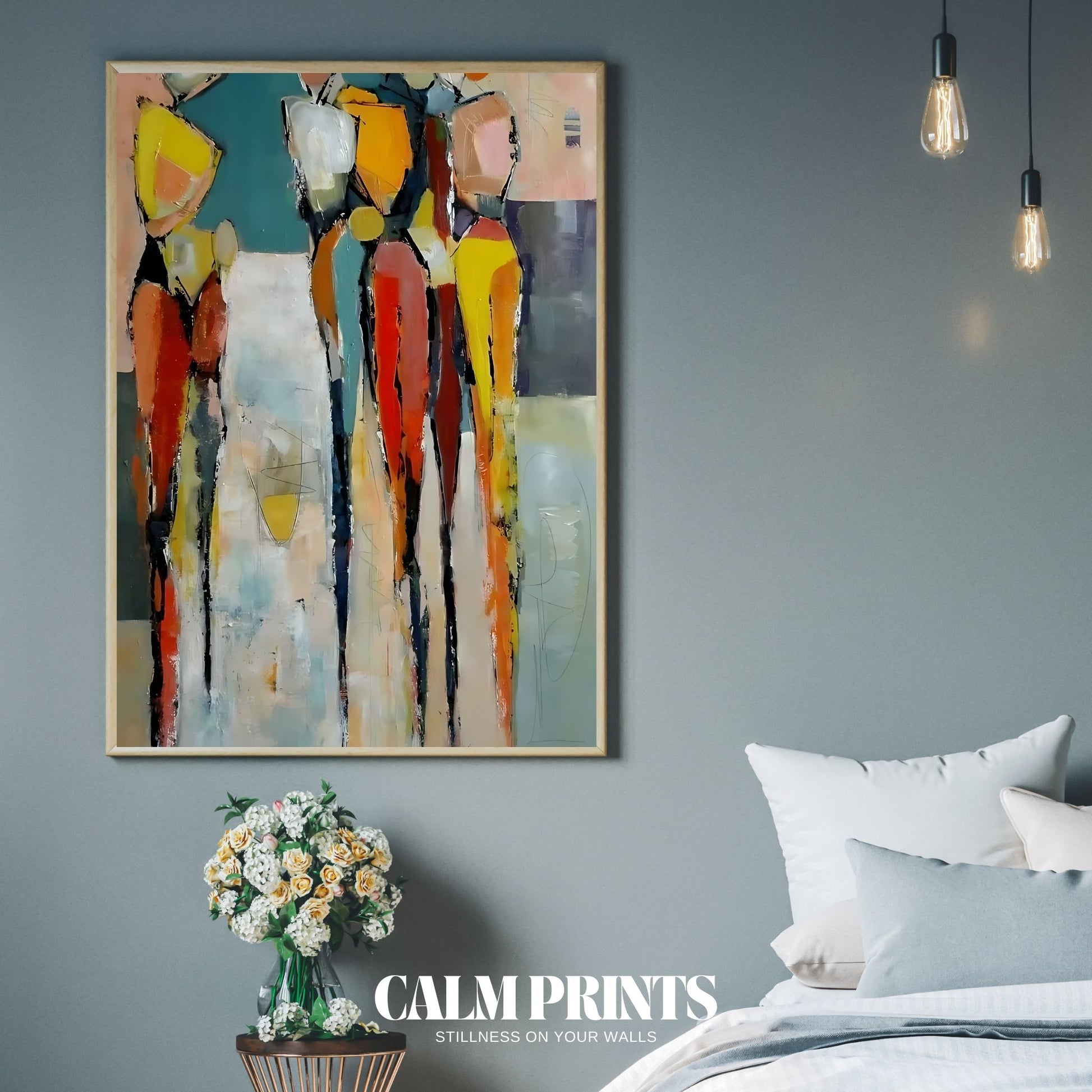 Modern artwork of abstract figures in bright colour tones