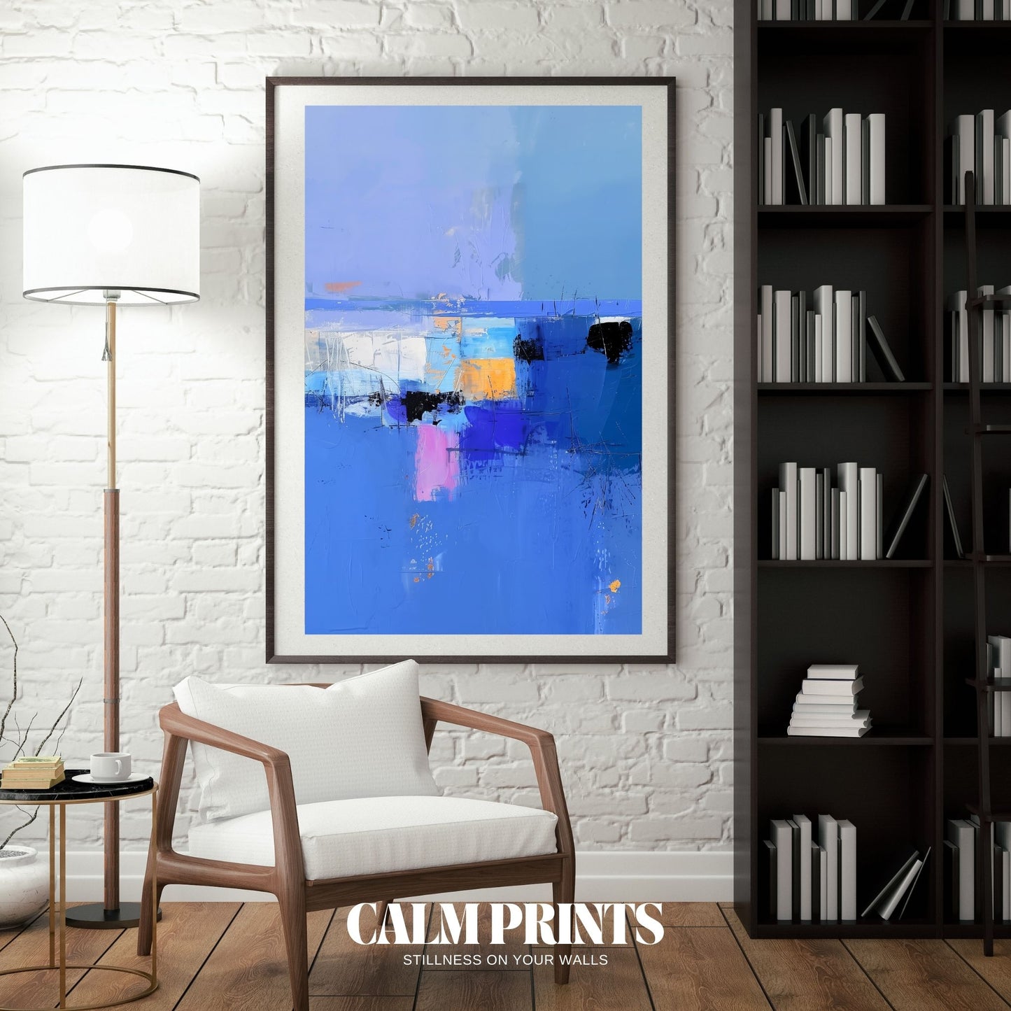 Modern serene abstract painting in cool blue tones for home décor