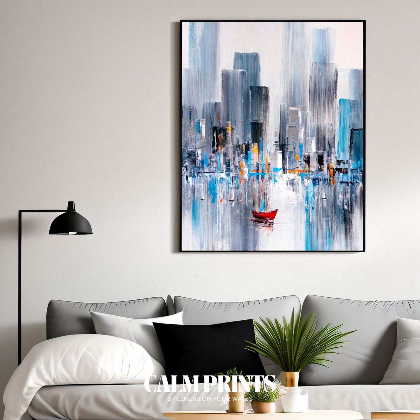 Poster of a mirrored cityscape rendered in a bold abstract style
