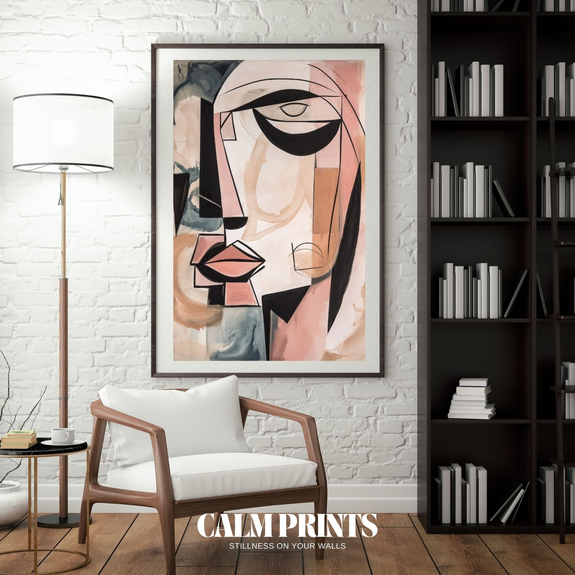 Modern expressionist print in soft pastel shades with a human face design