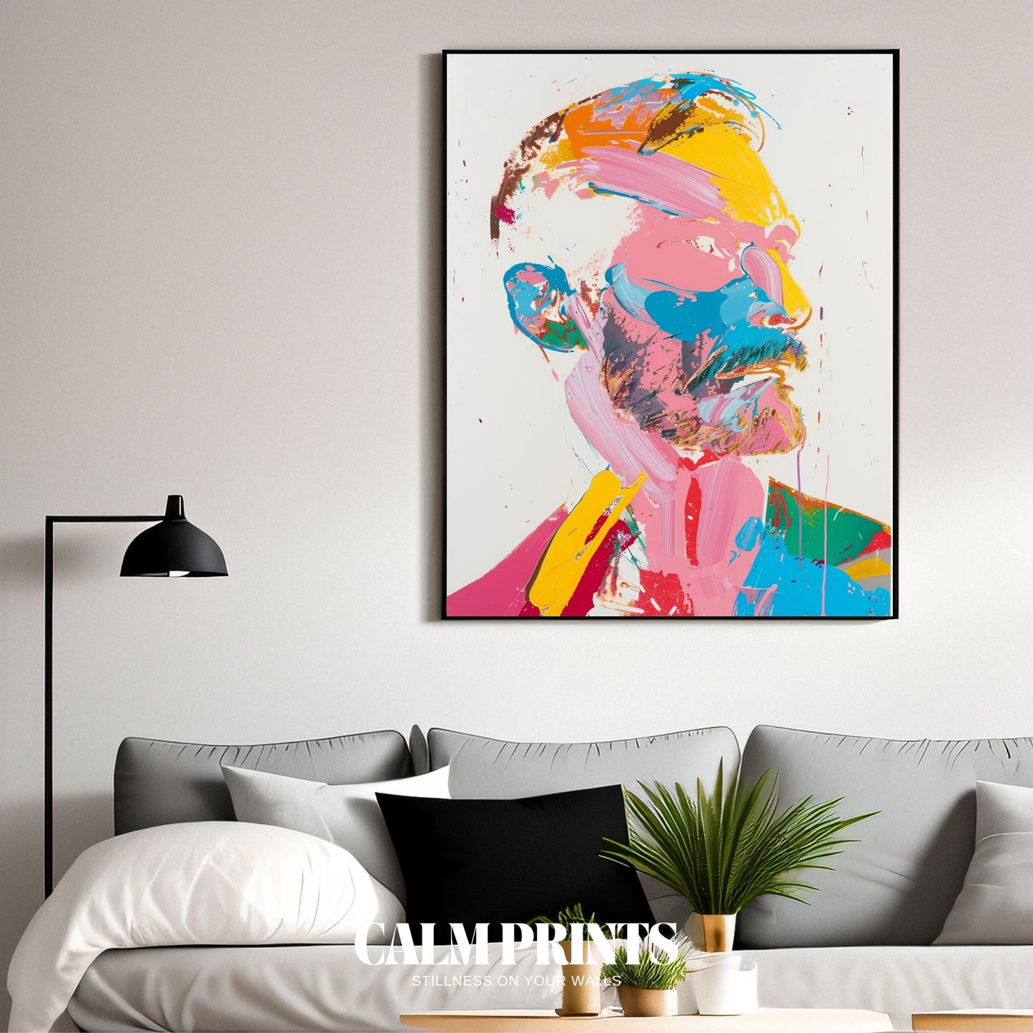 Poster of a modern portrait expressed through bright colours and bold lines
