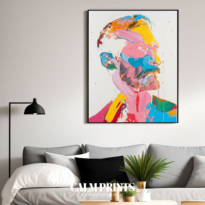 Poster of a modern portrait expressed through bright colours and bold lines
