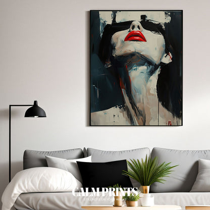 Modern abstract portrait painting with expressive red lips detail
