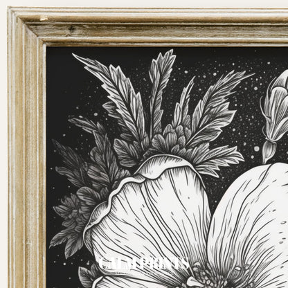 Monochrome illustration of delicate flowers drawn with timeless beauty