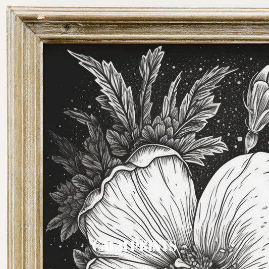 Monochrome illustration of delicate flowers drawn with timeless beauty