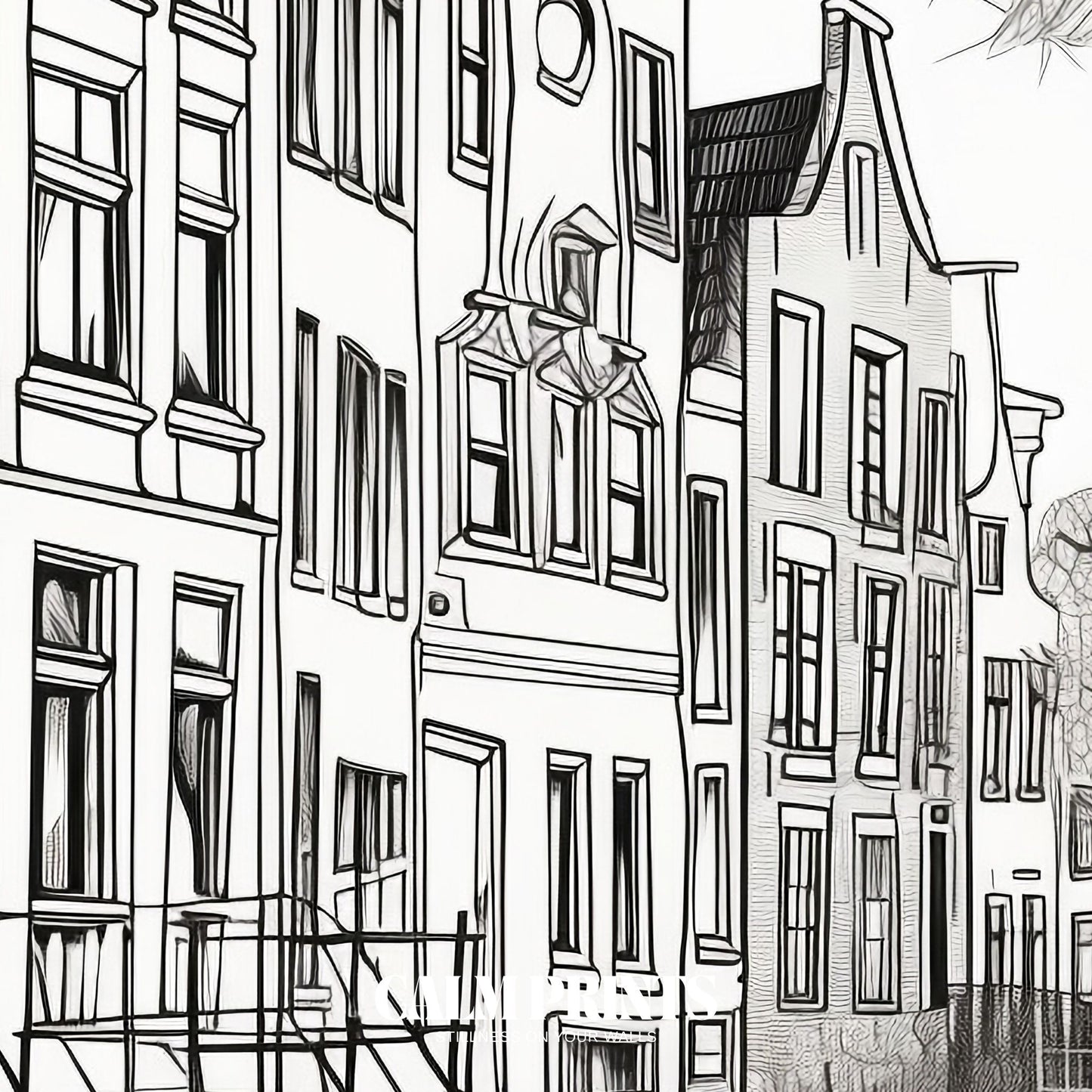 Monochrome illustration showcasing historic canal houses in clean lines
