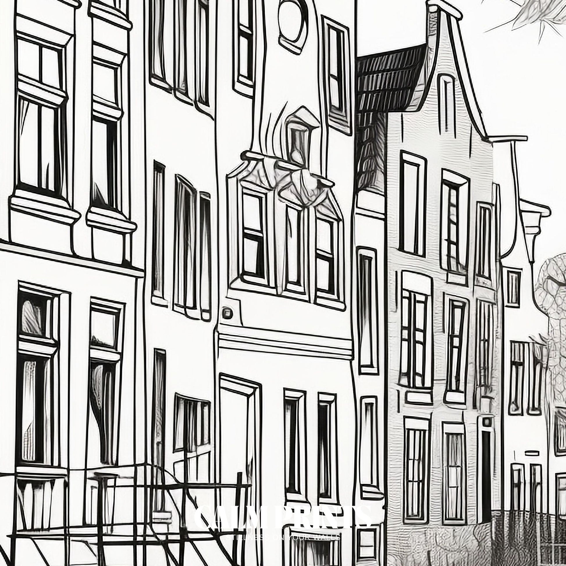 Monochrome illustration showcasing historic canal houses in clean lines
