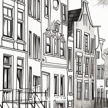 Monochrome illustration showcasing historic canal houses in clean lines
