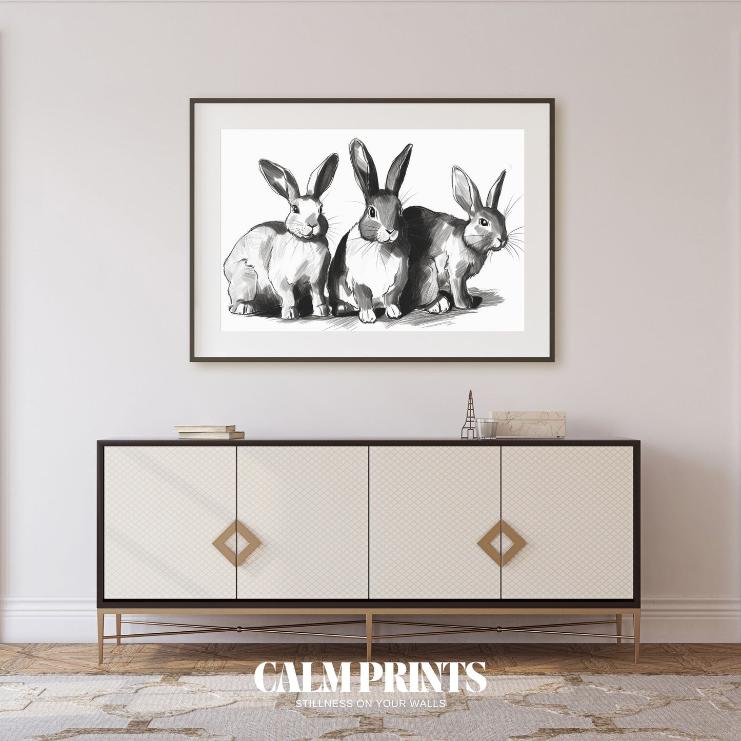 Illustration of a rabbit family in soft monochrome pencil drawing
