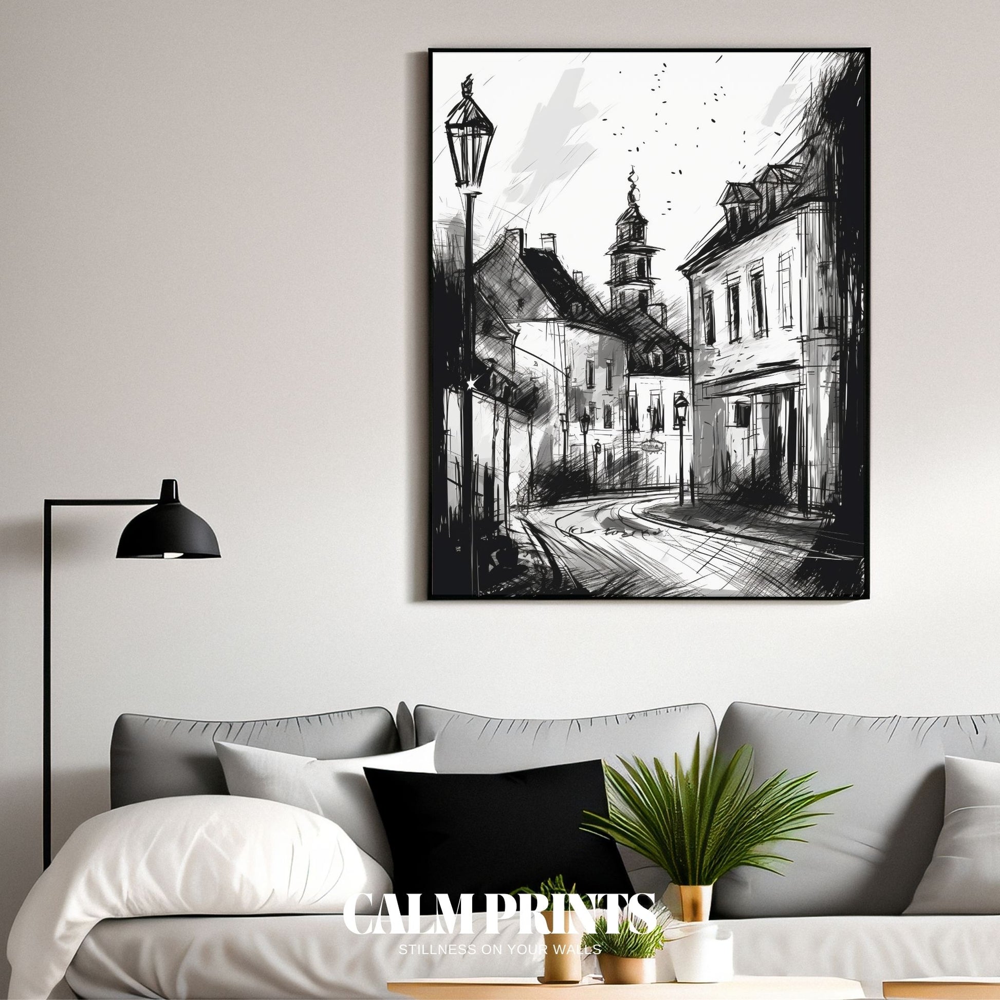 Illustration of a quaint street captured in detailed monochrome style

