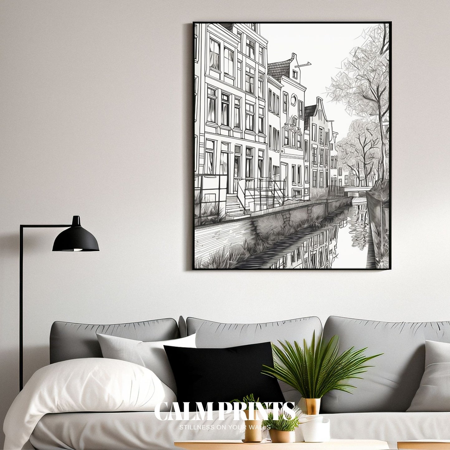 Urban canal scene in monochrome with elegant historical house fronts

