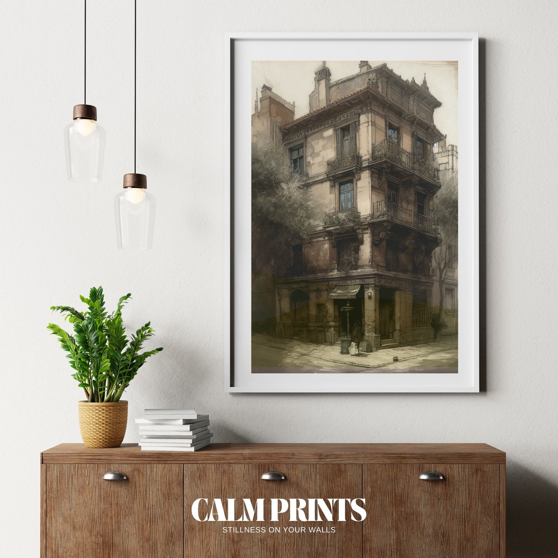 Monochrome line drawing of an urban scene with buildings and character
