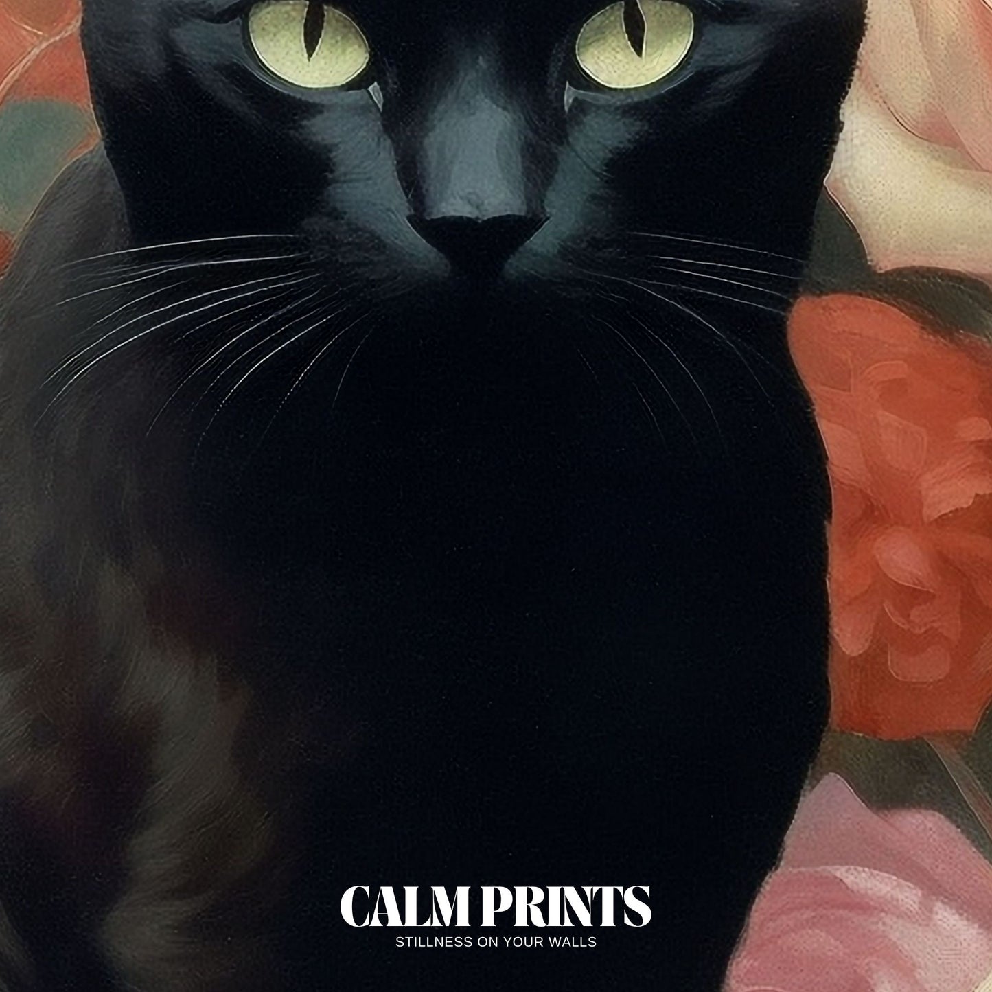 Moody floral poster with a black cat nestled in a blooming rose garden