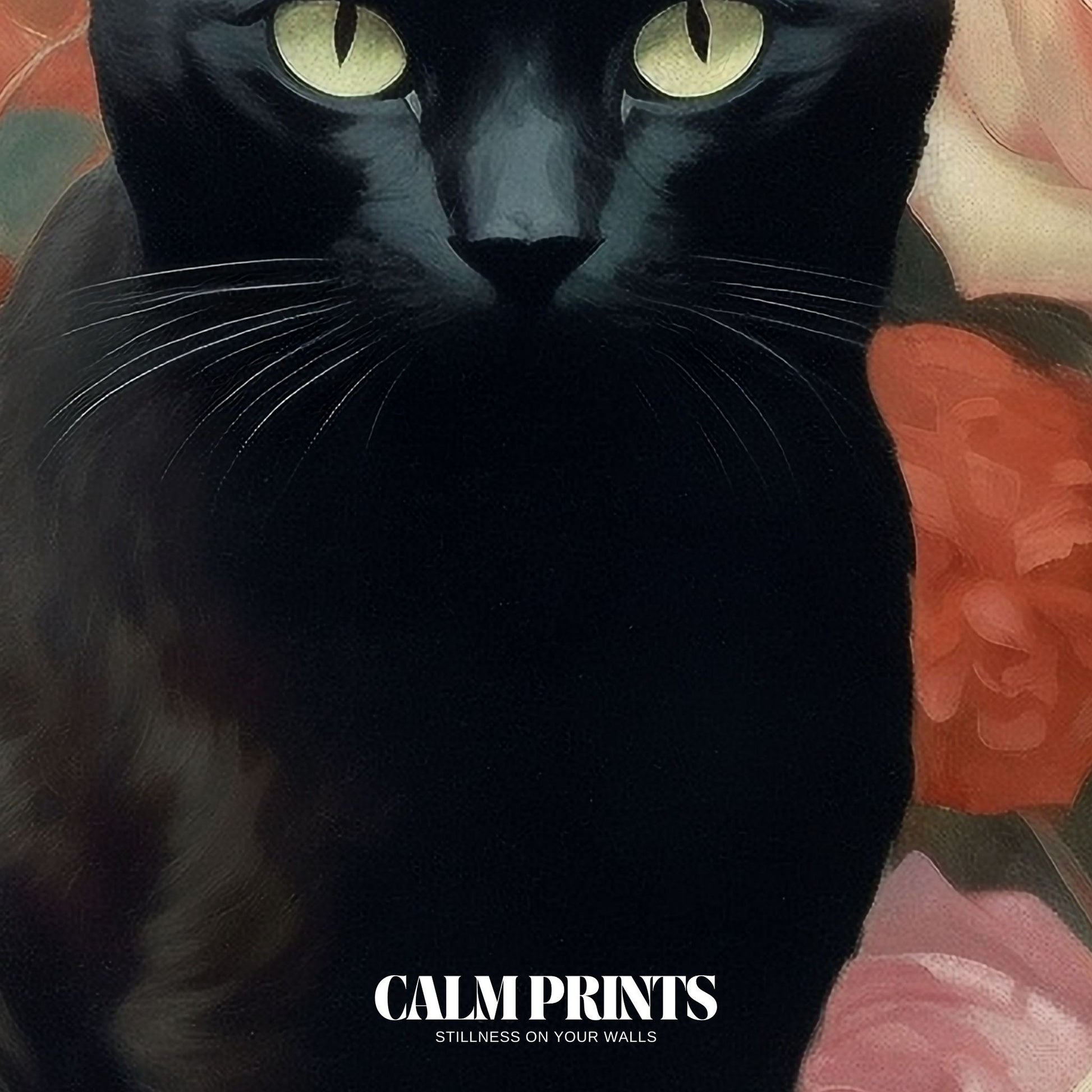 Moody floral poster with a black cat nestled in a blooming rose garden