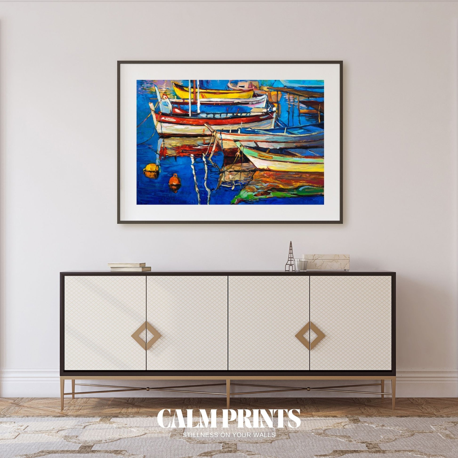 Artwork of moored boats along a quiet coastline painted in rich hues
