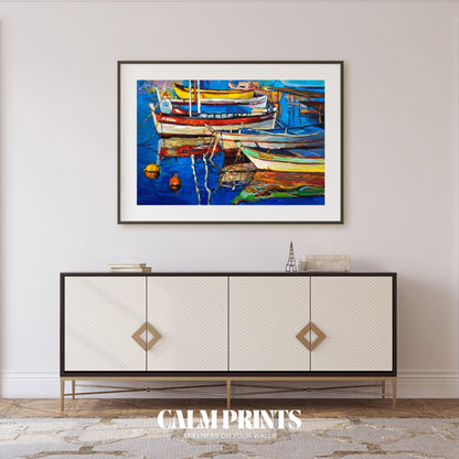 Artwork of moored boats along a quiet coastline painted in rich hues
