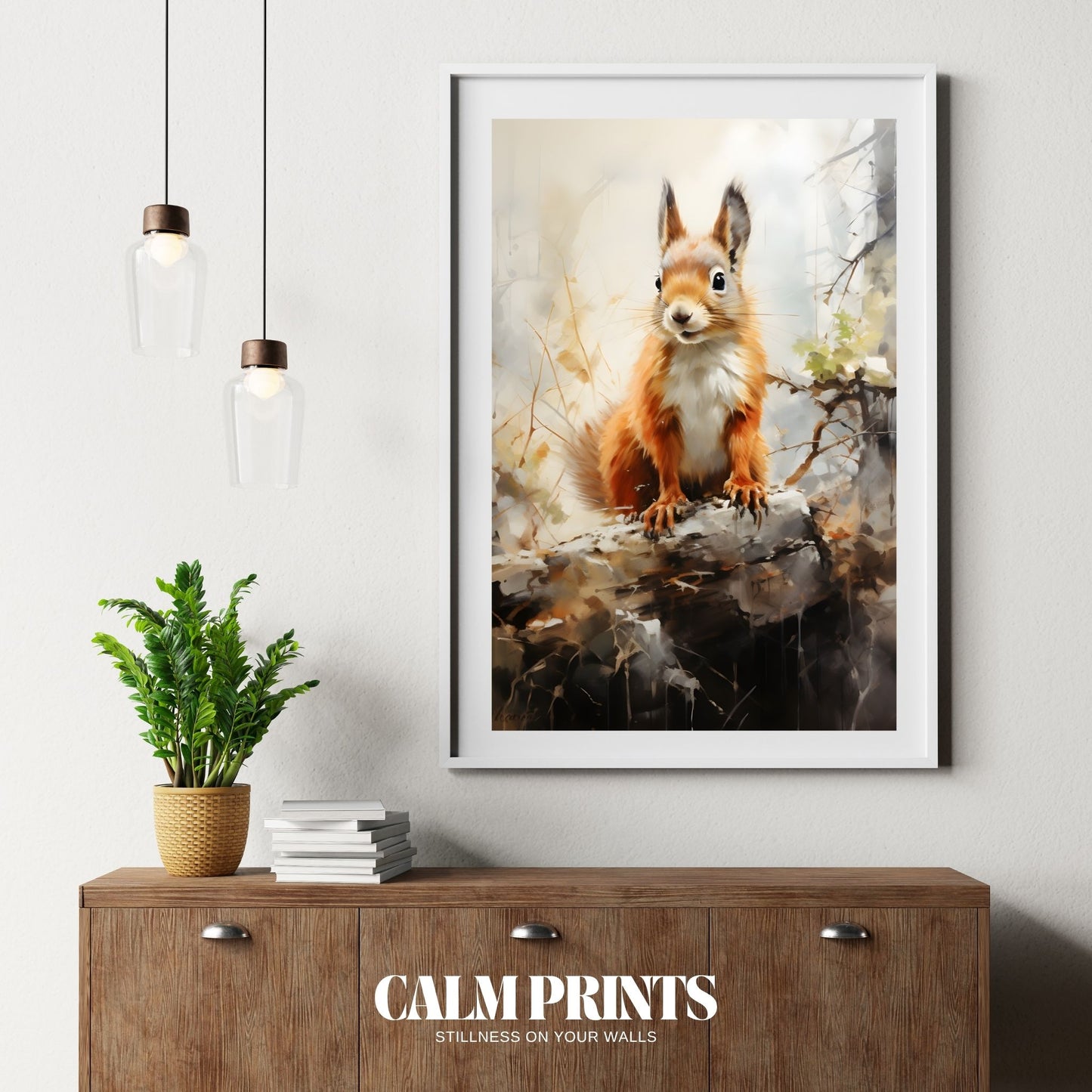 Poster of a woodland squirrel captured in soft morning light and autumn hues
