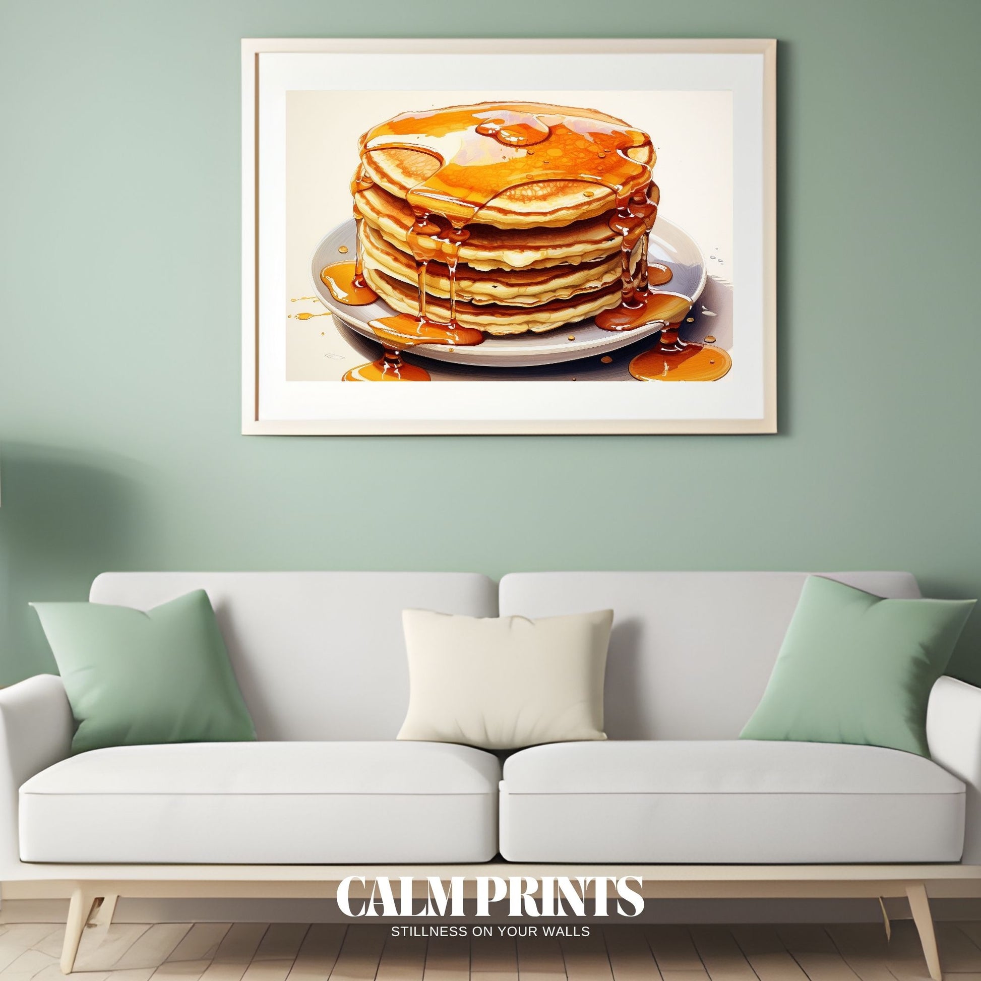 Print of a morning treat—perfectly stacked pancakes soaked in syrup
