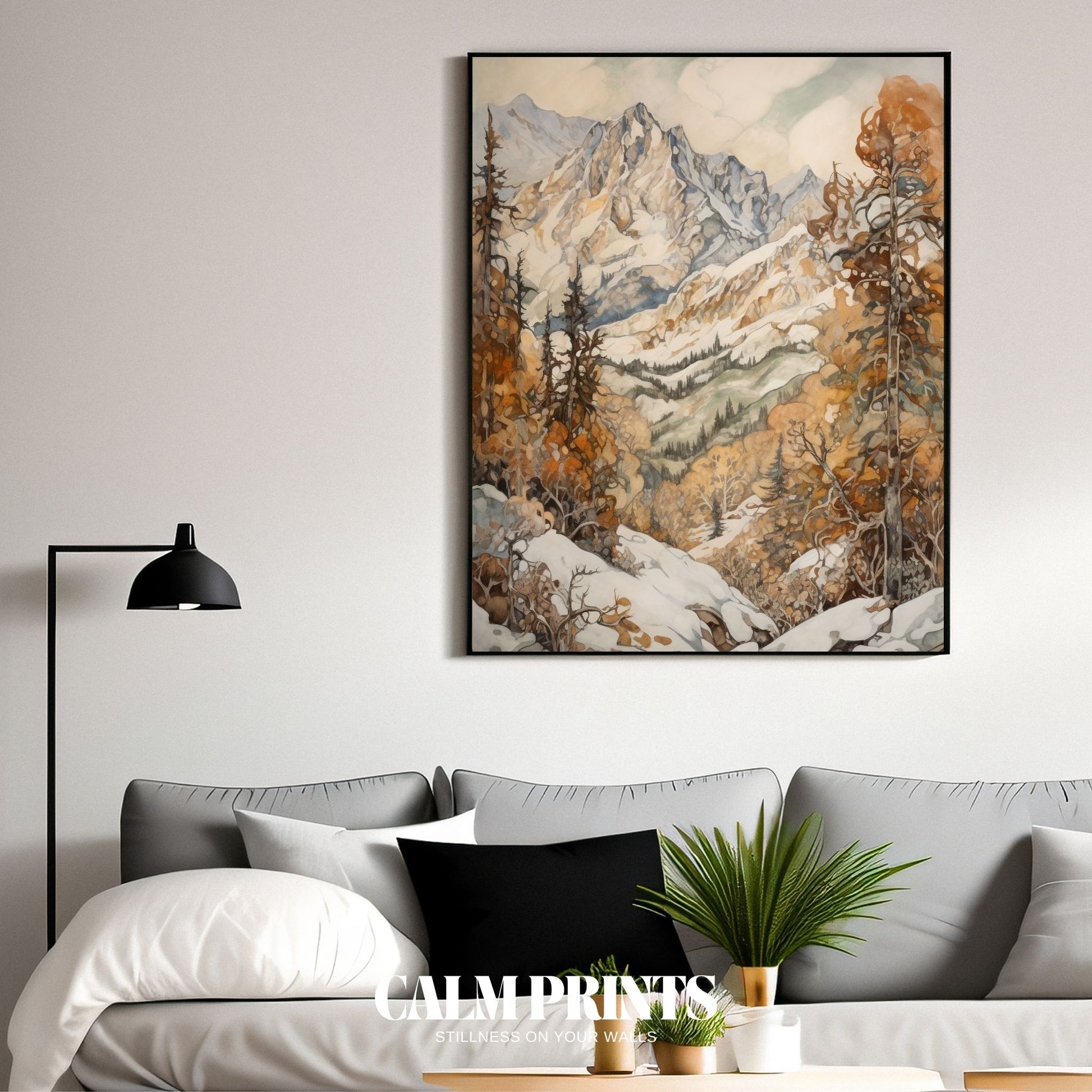 Print of mountain scenery blending autumn warmth and snowy heights