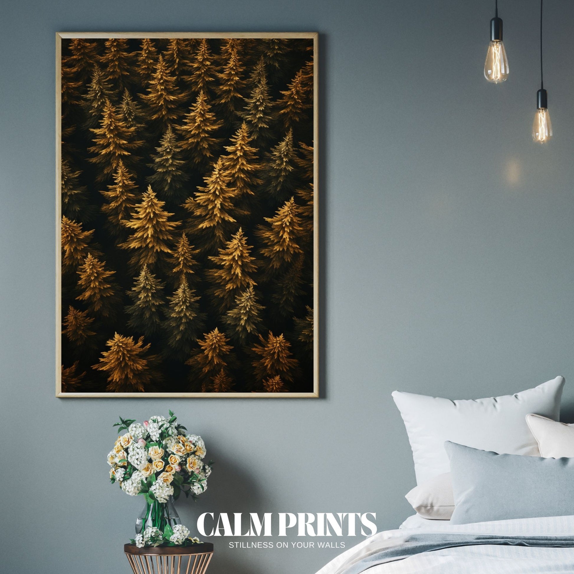 Nature poster showing conifer forest in autumn from a peaceful height
