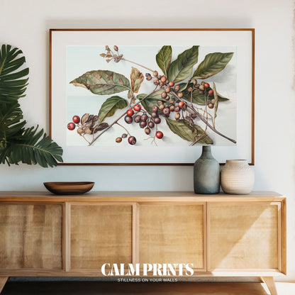 Nature study print of berries with delicate lines and soft colouring
