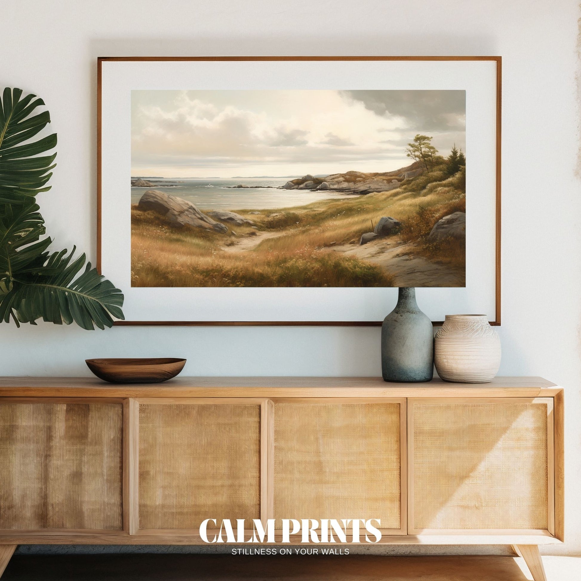 Artwork of the ocean horizon meeting a still and serene shoreline
