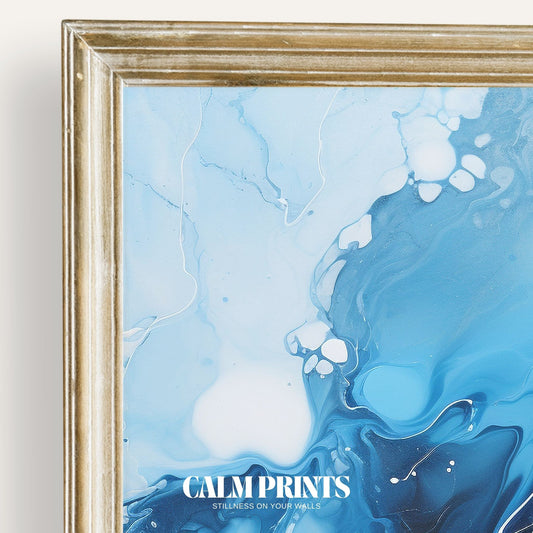 Ocean-inspired abstract artwork with layered blue wave patterns
