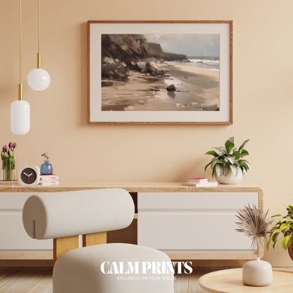 Calm open sea meeting a still coastline in a peaceful coastal setting
