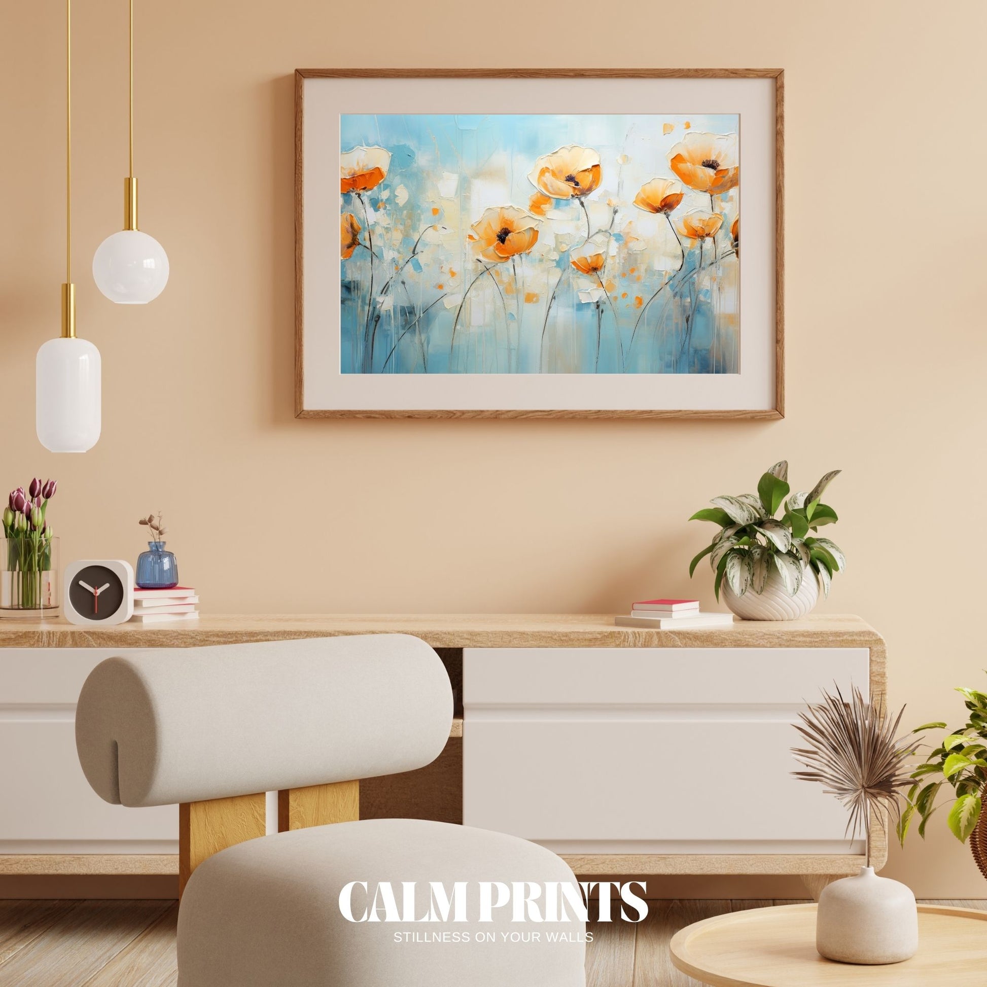 Modern abstract art of orange blossoms blooming on blue