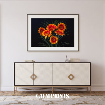 Poster of orange floral arrangement in sharp contrast with a moody wall
