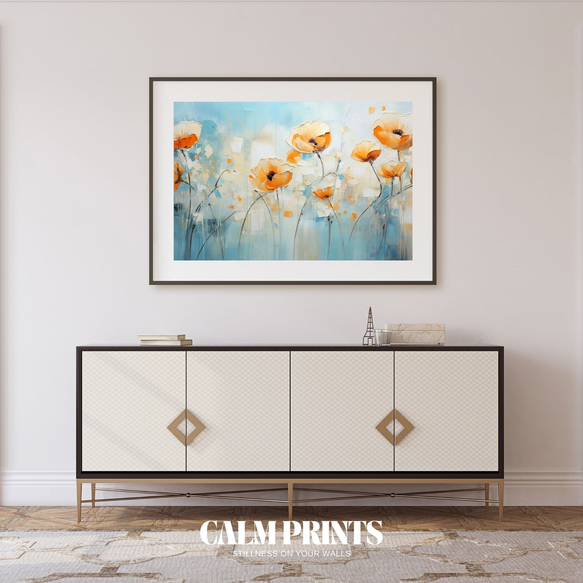 Artistic poster featuring vivid orange flowers on calming blue