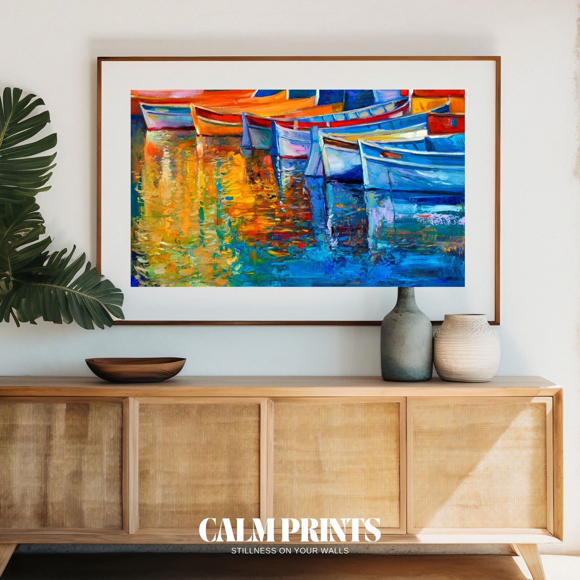 Poster of painted boats with glowing reflections during a coastal sunset
