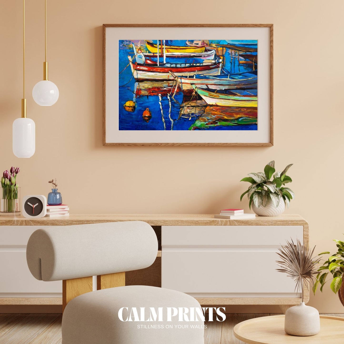 Print of painted fishing boats at anchor in a quiet, peaceful setting
