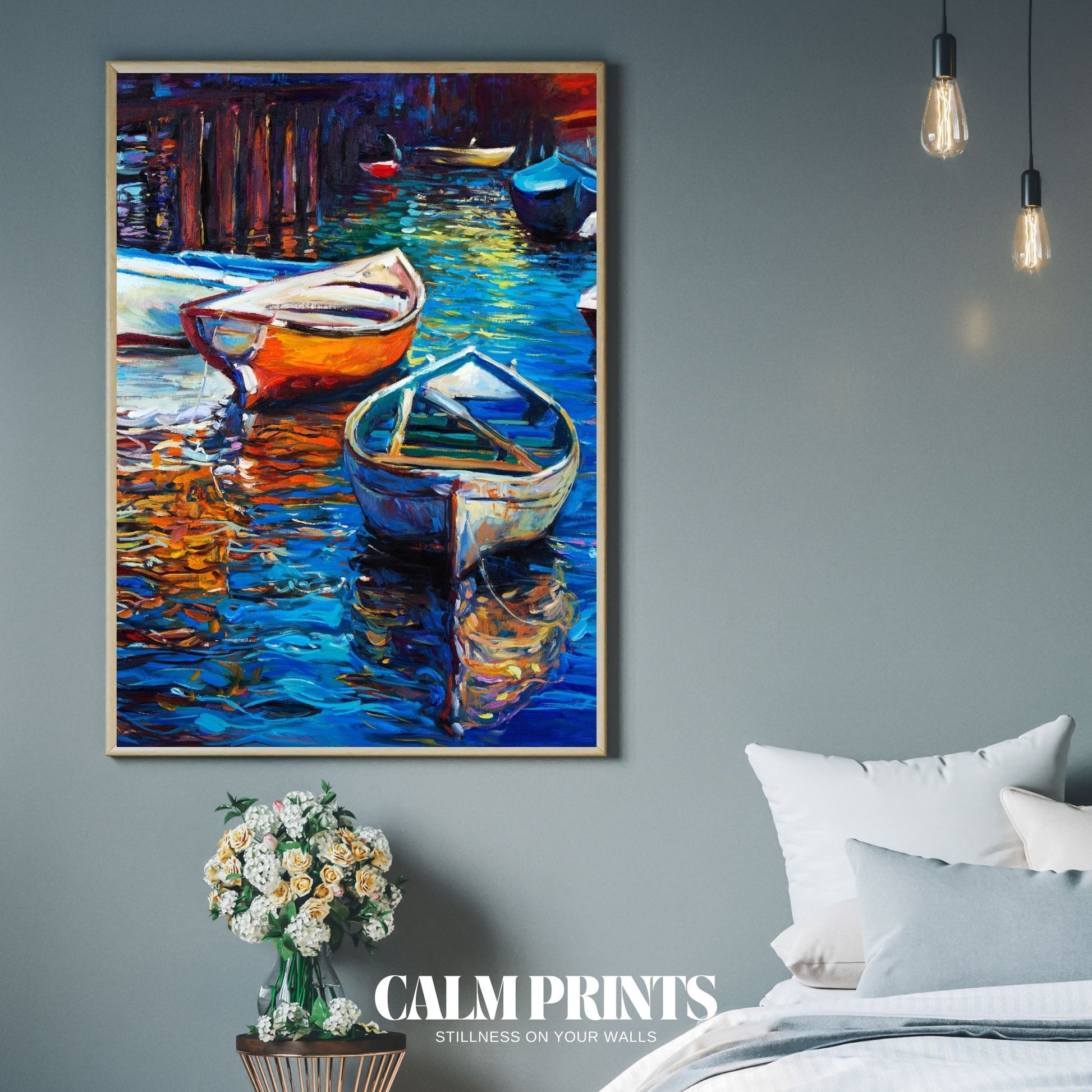 Dockside view with painted boats basking in a serene coastal sunset
