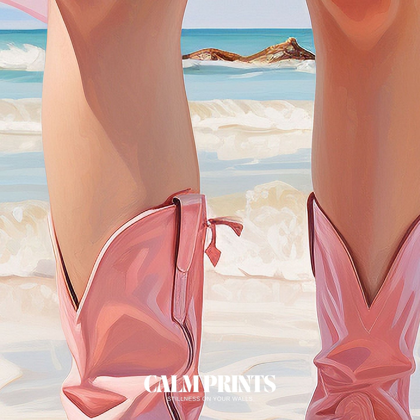 Pastel beach poster showing a graceful summer walk by the sea
