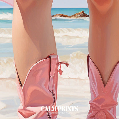 Pastel beach poster showing a graceful summer walk by the sea
